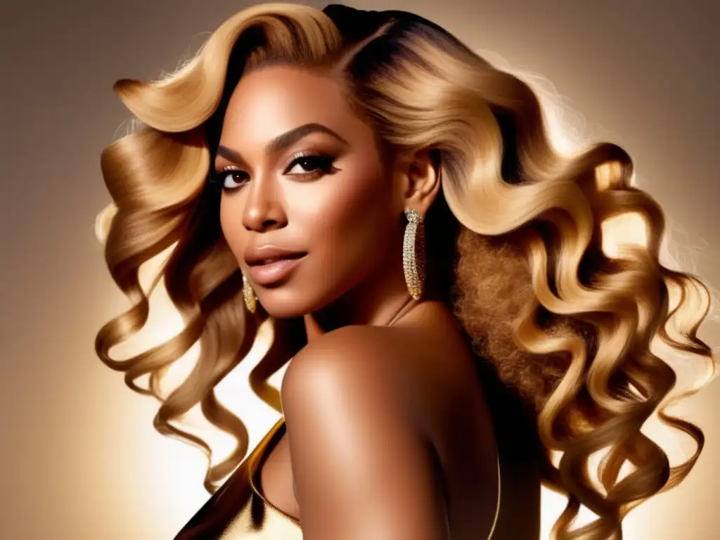 La imagen muestra el icónico cabello rubio y rizado de Beyoncé, radiante y lleno de brillo, proyectando empoderamiento y belleza