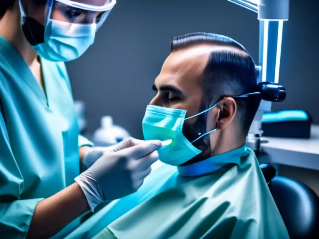 Imagen impactante de un trasplante de cabello con precisión y profesionalismo, creando un ambiente calmado y tranquilizador para el paciente