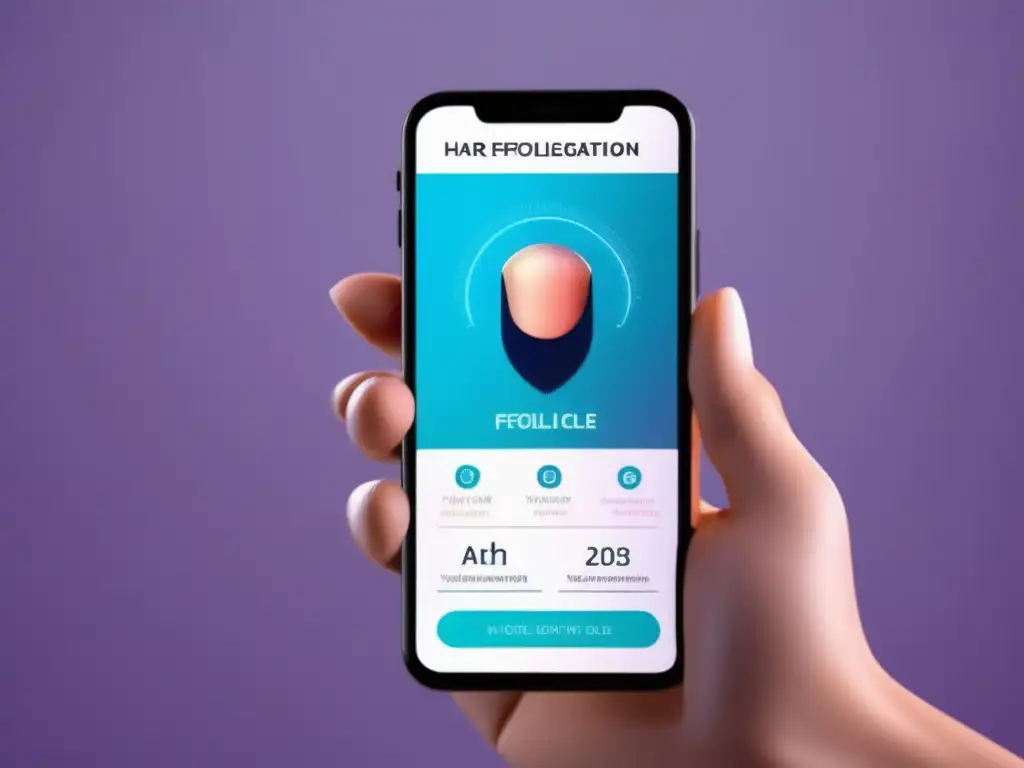 Imagen de una aplicación móvil de vanguardia para el tratamiento de la pérdida de cabello, con una interfaz moderna y gráficos vibrantes