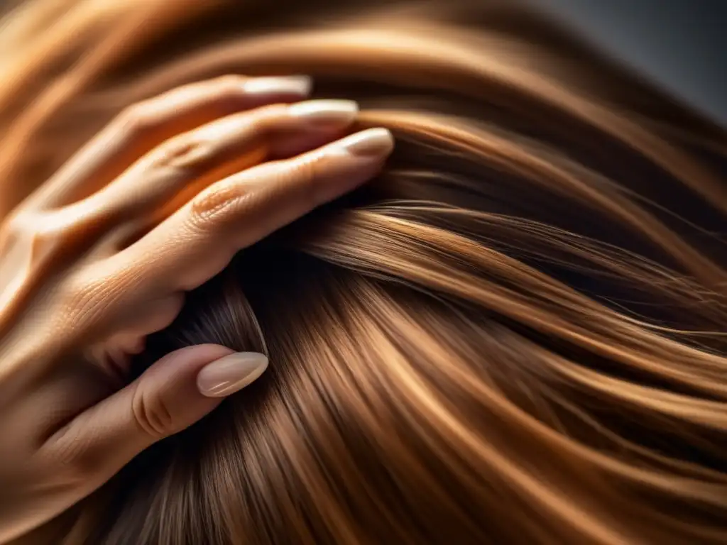 Imagen de mujer acariciando suavemente su cabello posparto, mostrando su textura, brillo y patrones de crecimiento, resaltando la fuerza y ​​resiliencia de los folículos capilares