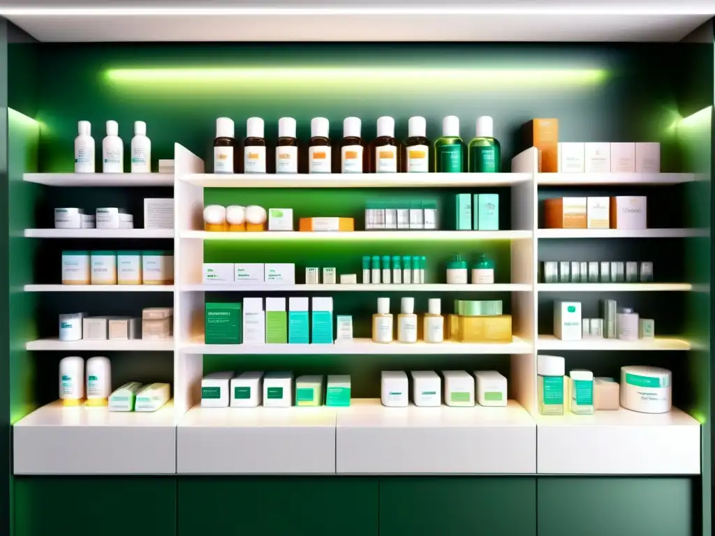 Una imagen nítida y moderna de estantes de farmacia repletos de tratamientos para la pérdida de cabello, con etiquetas claras y un ambiente clínico