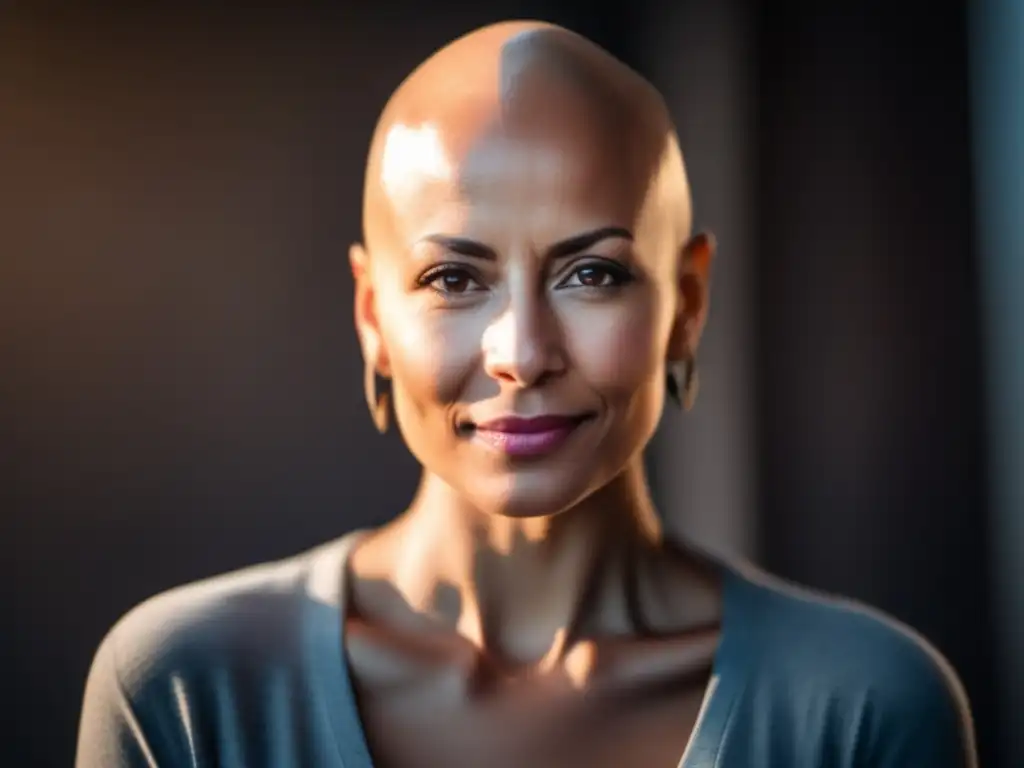 Imagen de persona con alopecia abrazando con confianza su cabeza calva, irradiando autoaceptación y fortaleza interior