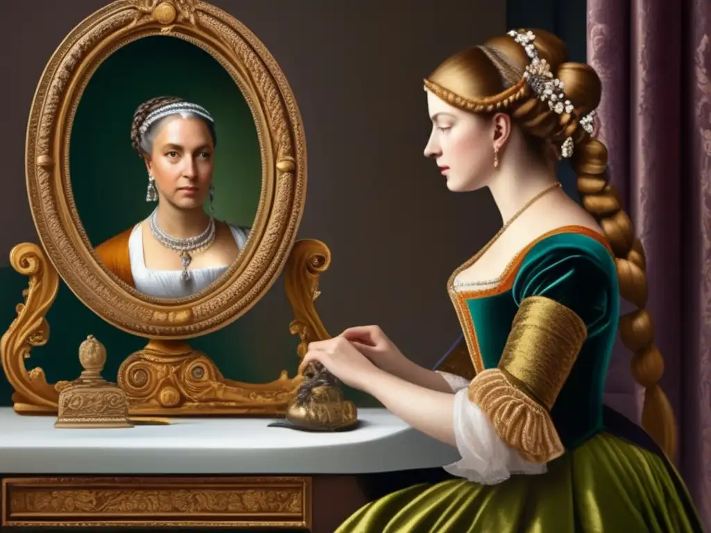 Imagen de pintura renacentista que muestra la evolución de la percepción de la belleza capilar, con una noble y su elaborado peinado siendo atendida por su sirvienta en un espejo de tocador