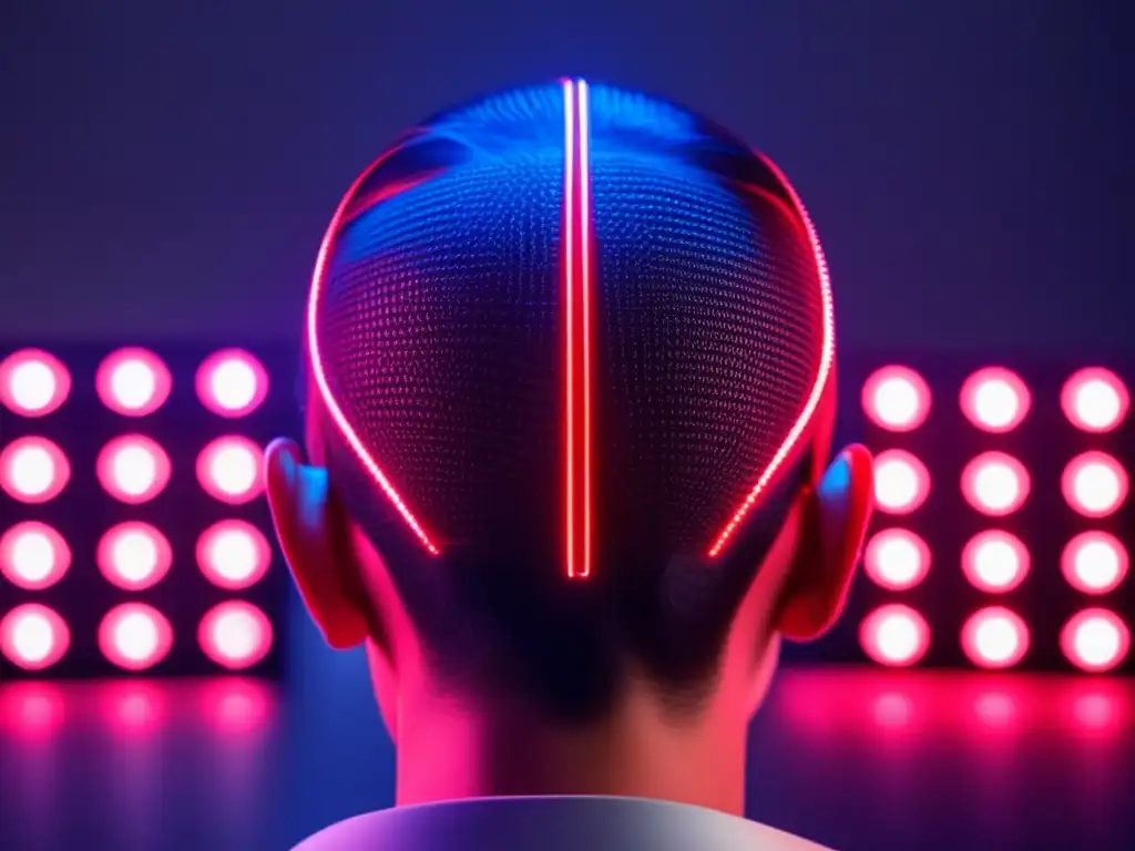 Terapia con Luces LED Rojas para la Pérdida de Cabello Una imagen de alta resolución muestra el cuero cabelludo de una persona con luces LED rojas brillando sobre él