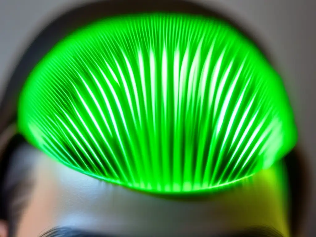 Terapia de luz verde para cuero cabelludo: detalle y calma Una imagen de alta resolución de un cuero cabelludo humano con un dispositivo de terapia de luz verde emitiendo una luz calmante