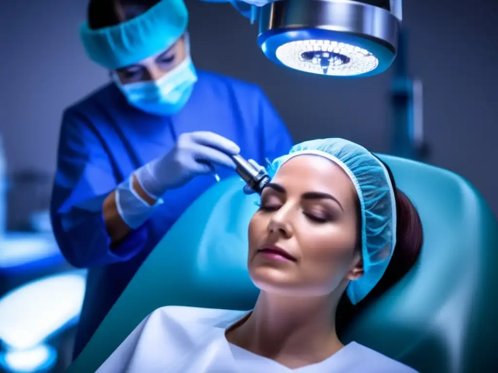 Imagen de alta resolución de un trasplante capilar en mujeres, destacando la meticulosa extracción y trasplante de folículos capilares