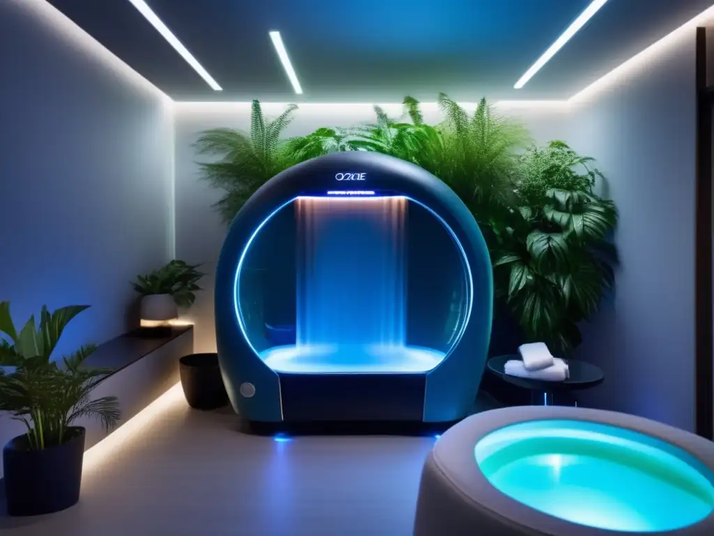 Imagen de un spa sereno con moderna cámara de terapia de ozono para la caída del cabello, ambiente lujoso y relajante con tecnología innovadora