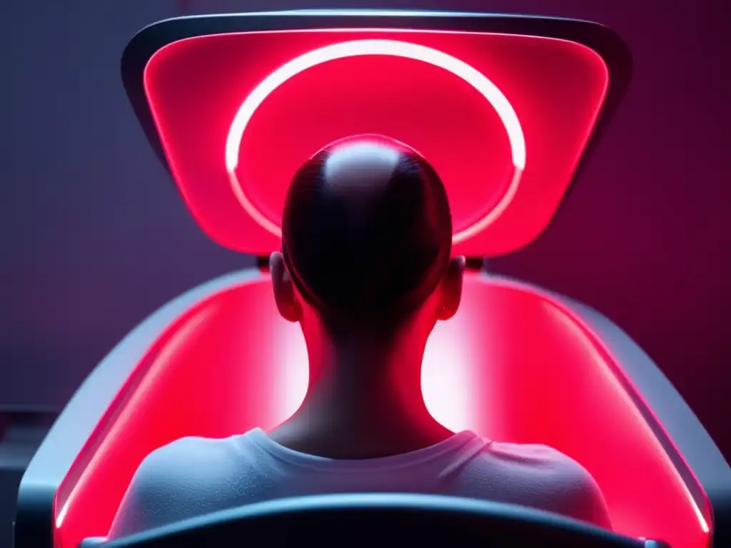 Terapia de luz LED roja para la caída del cabello: moderna innovación Imagen de terapia con luz LED roja para calvicie: persona bajo suave brillo rojo de panel LED futurista, en ambiente moderno y profesional