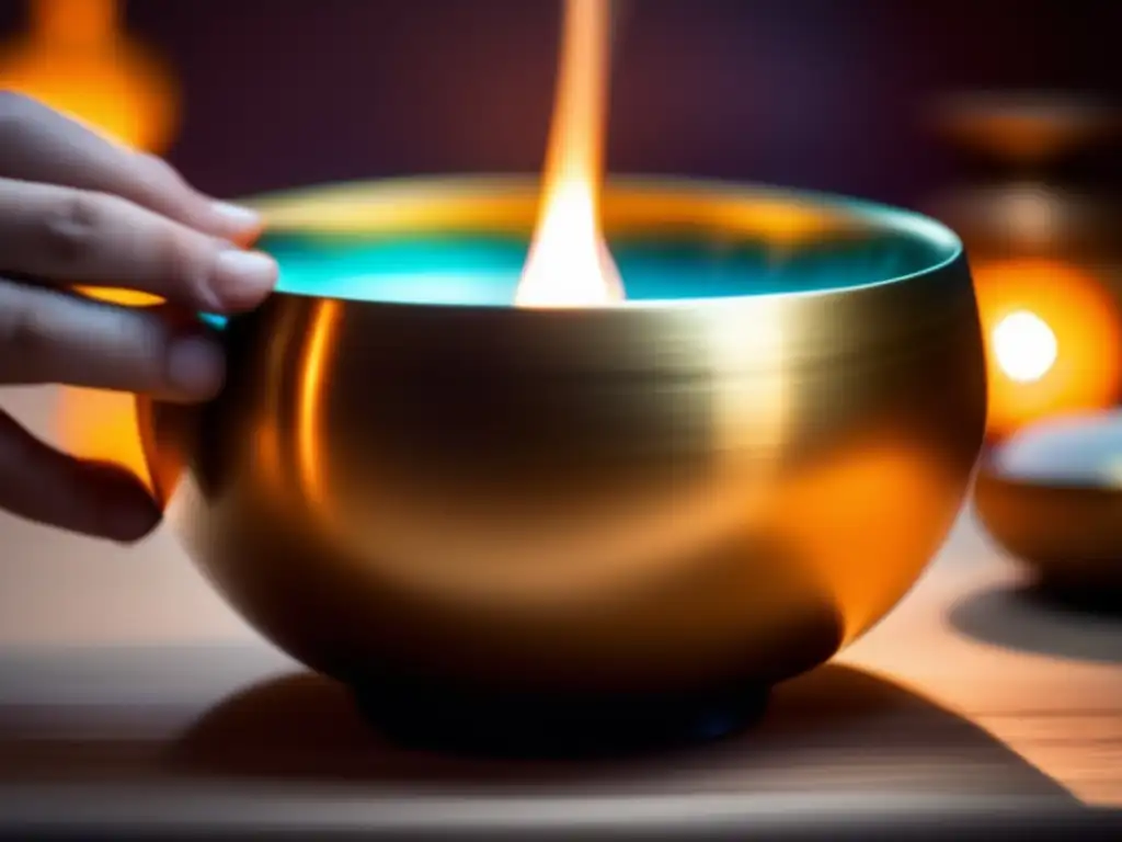 Una imagen de terapia vibracional con cuencos tibetanos para cuidado del cabello, fusionando tradición y modernidad