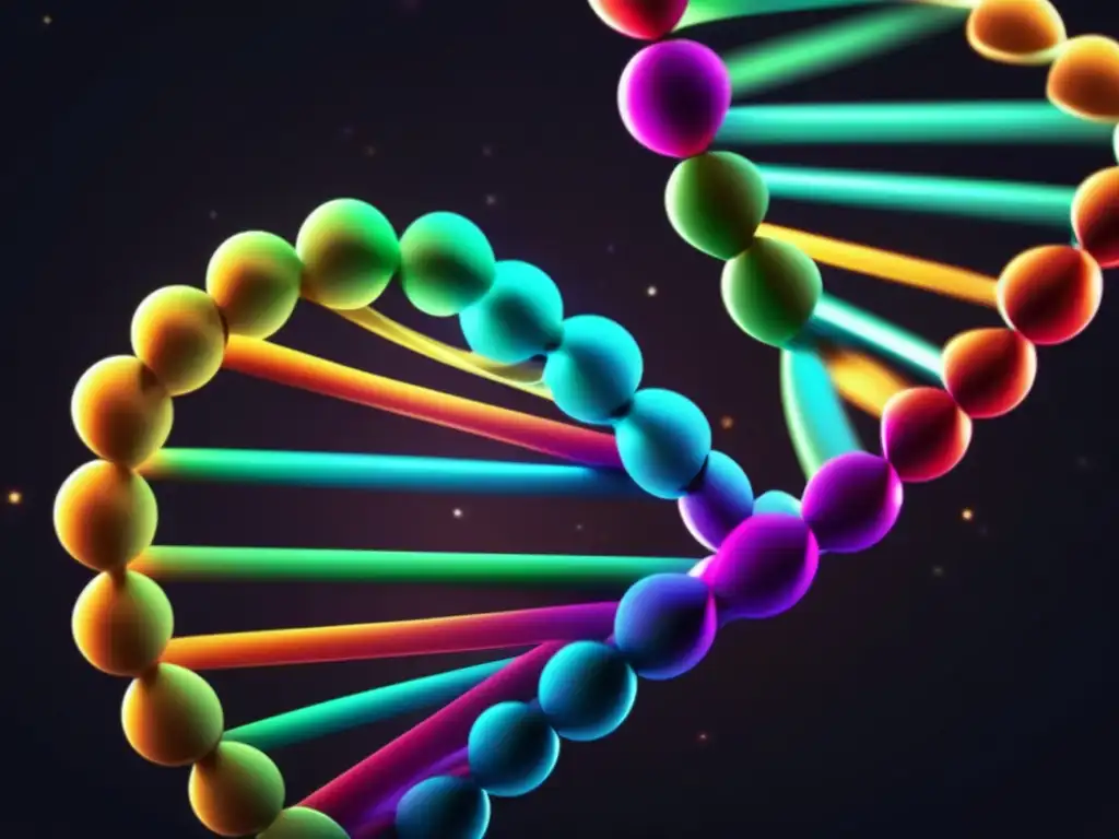 Una representación visualmente impactante y precisa de la estructura del ADN, con un diseño moderno y elegante que muestra la eficacia genética del minoxidil y finasteride en vibrantes colores iridiscentes