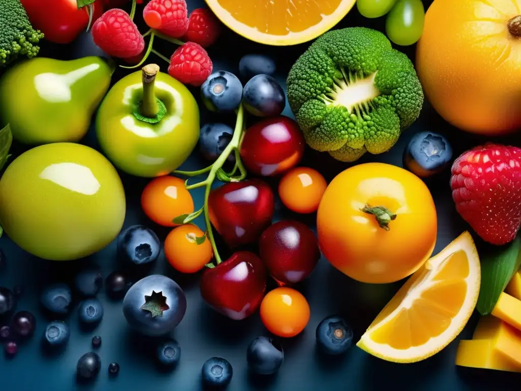 Una impresionante exhibición de frutas y verduras coloridas con gotas de agua, resaltando la frescura