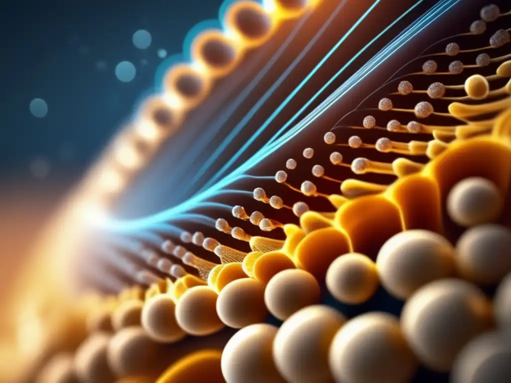 Una impresionante imagen en 8k muestra un folículo capilar rodeado de moléculas de proteína, ilustrando la relación entre proteínas y pérdida capilar.