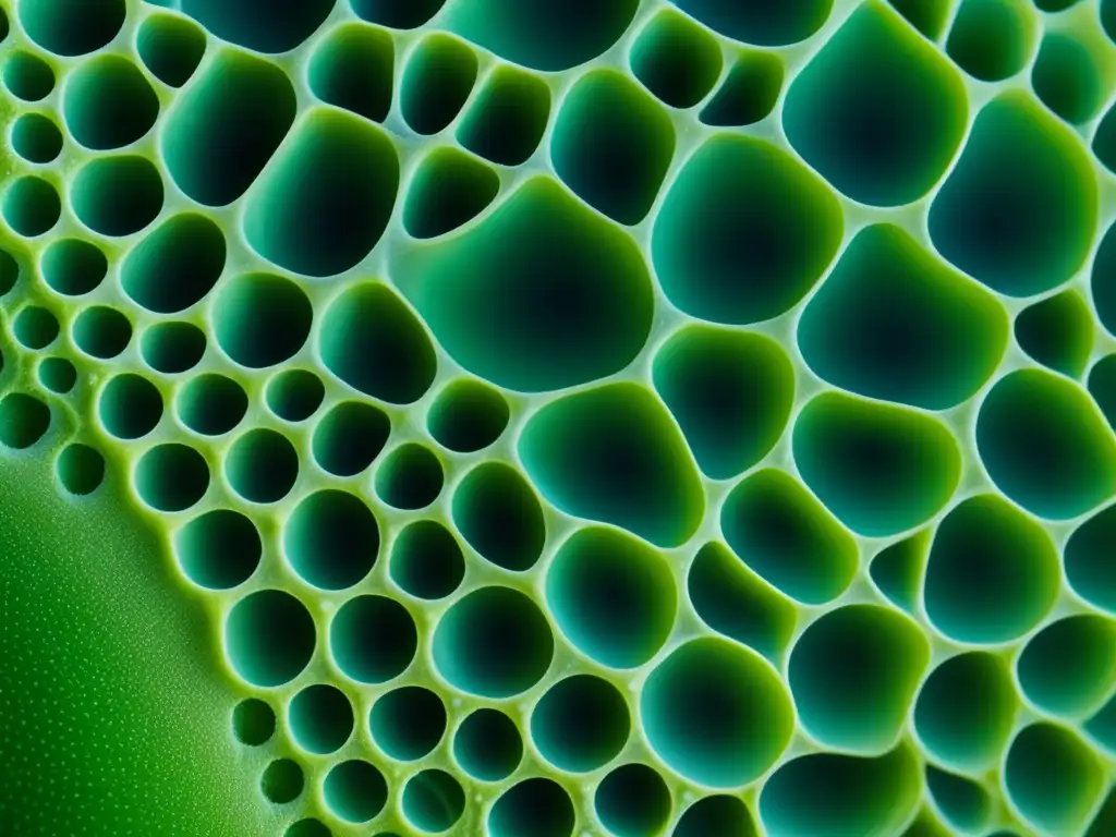 Una impresionante imagen de microscopio muestra la estructura celular detallada y el vibrante color azul-verdoso de las algas spirulina