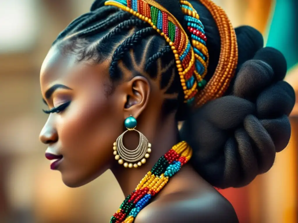 Una impresionante imagen de una mujer con trenzas y rizos intrincados, adornados con cuentas y conchas, que resalta el significado cultural de las trenzas y rizos en el cabello afro