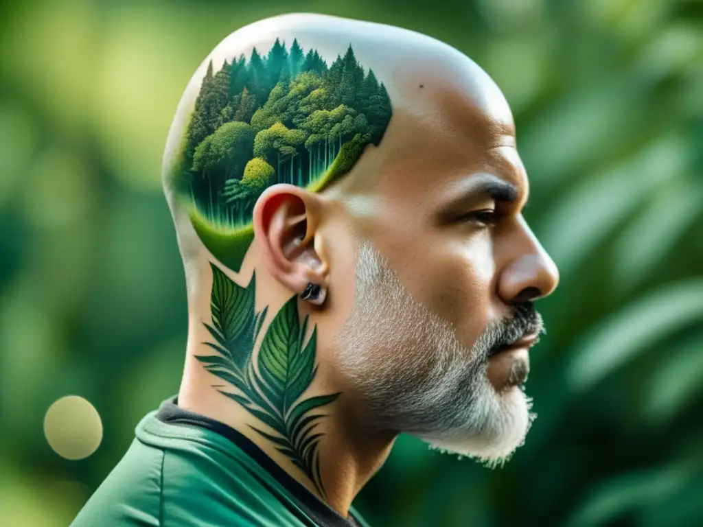 Un impresionante tatuaje de un bosque exuberante en la calva de un hombre, fusionando arte y forma física con detalles realistas y colores vibrantes.