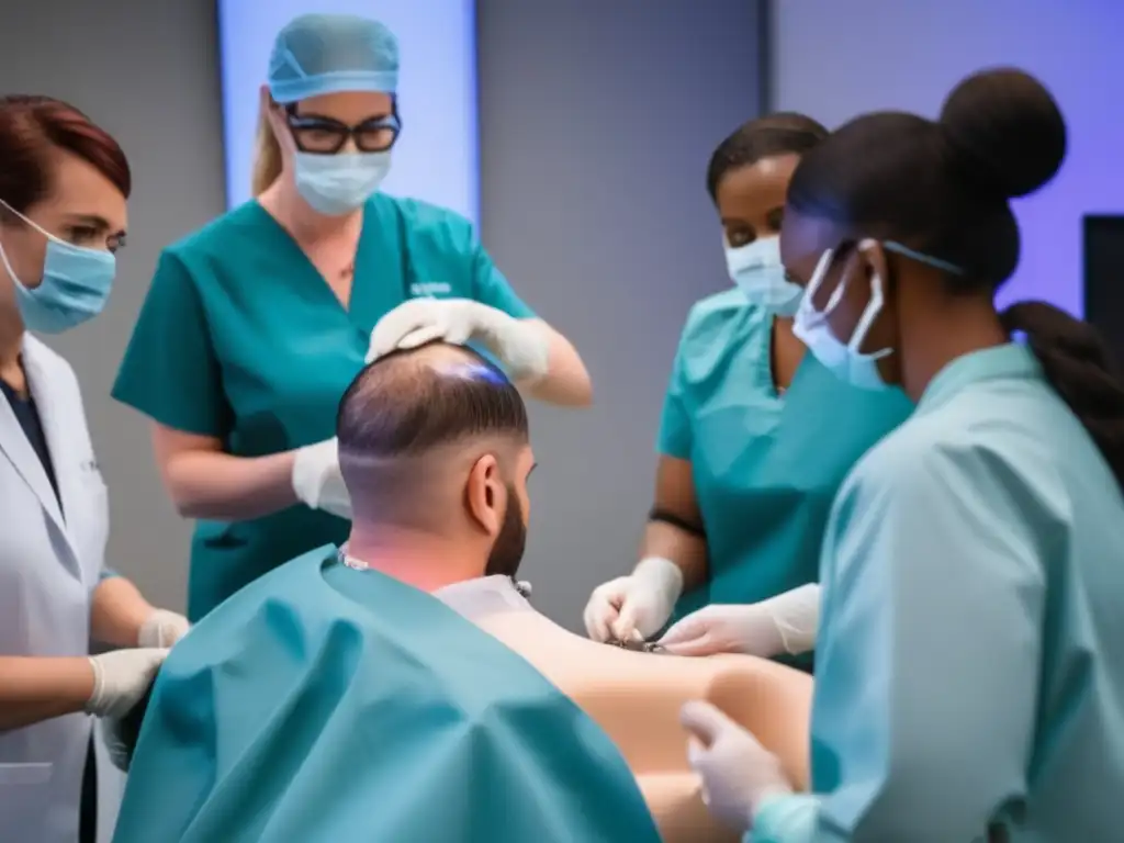 Un instructor profesional muestra el cuidado postoperatorio de implantes capilares a un grupo atento en un moderno taller educativo.