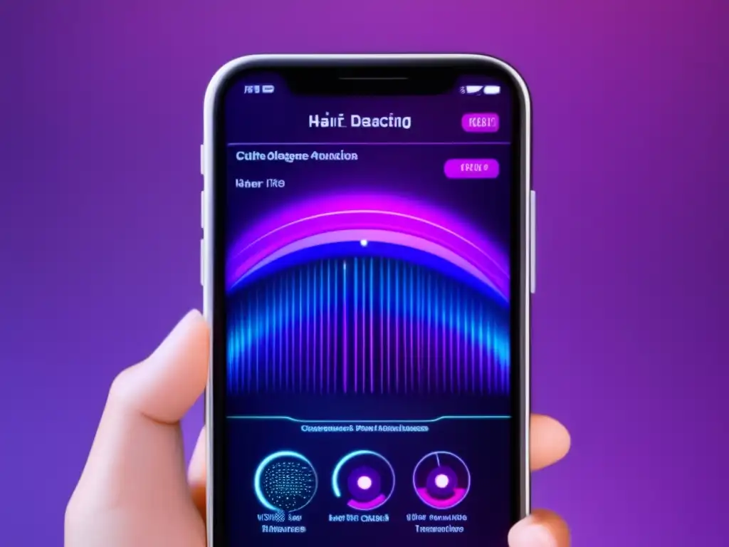 Interfaz de app de diagnóstico capilar con gráficos futuristas y análisis detallado de folículos pilosos