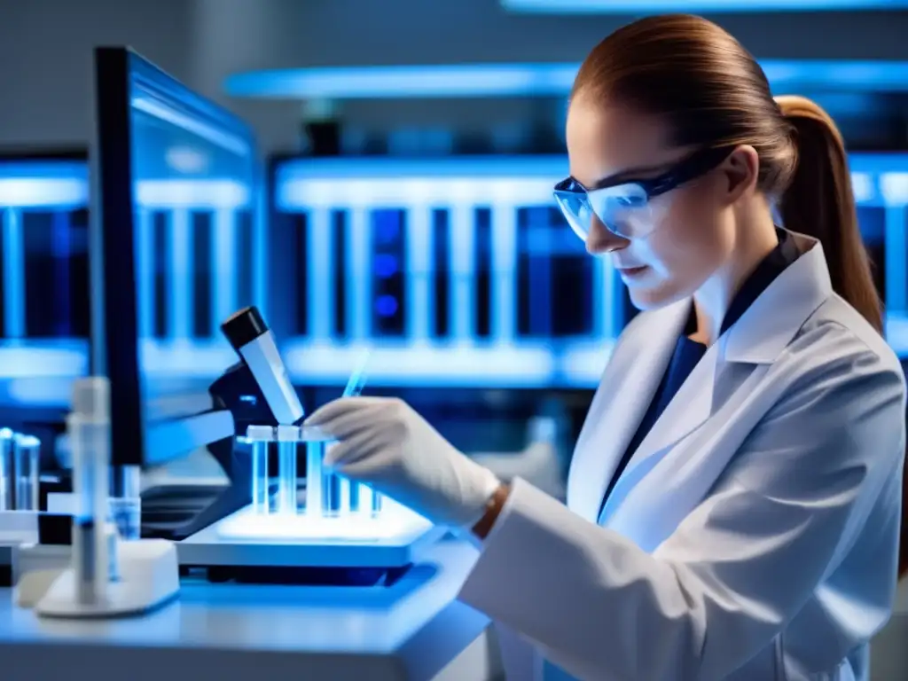 Un investigador en bata blanca realiza investigación genética para el tratamiento de la pérdida de cabello en un laboratorio de vanguardia.