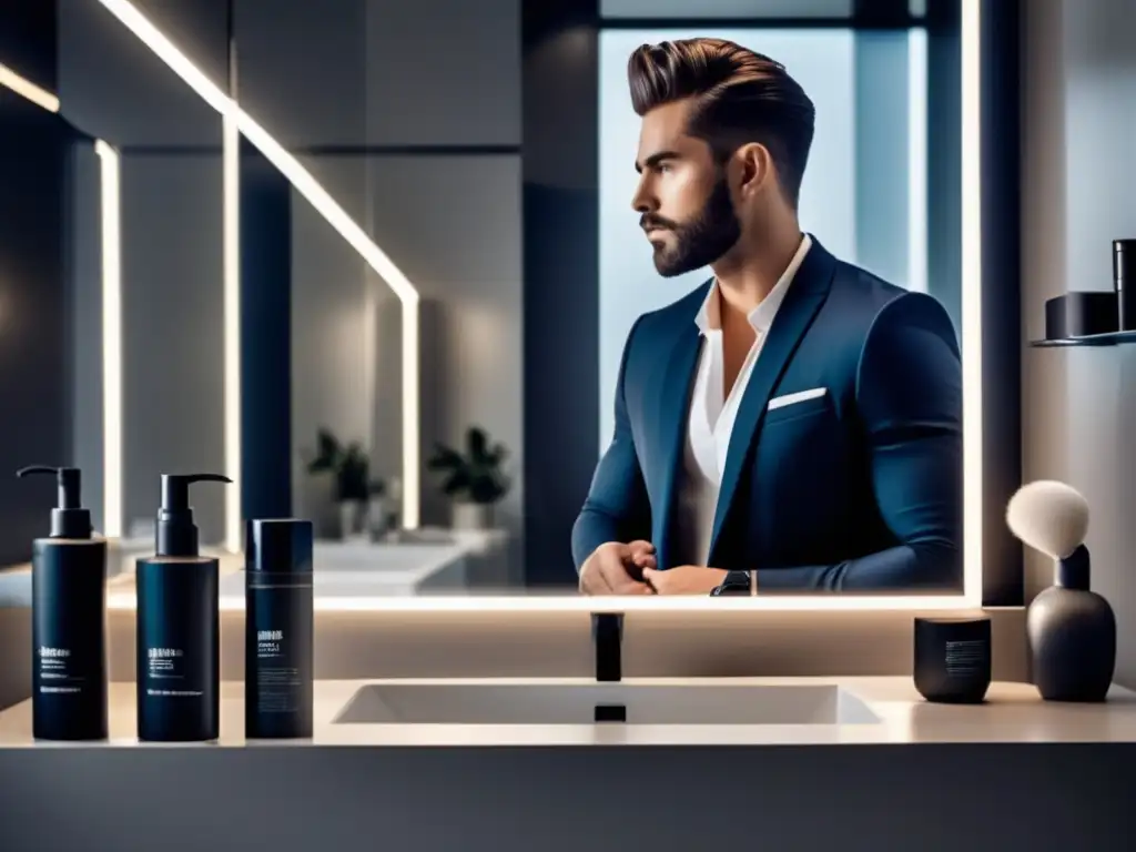 Un joven elegante aplica productos para el cuidado capilar en un baño moderno, proyectando sofisticación y masculinidad