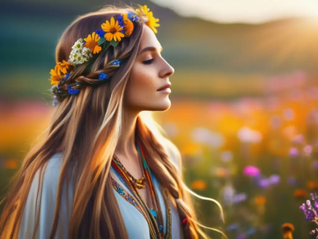 Una joven hippie de cabello largo y trenzado, adornado con flores, en un campo de flores silvestres