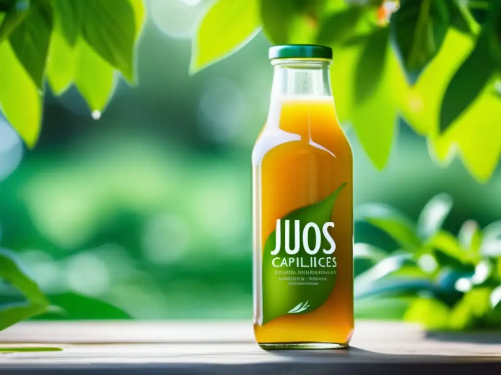 Un jugo detox capilar orgánico en una botella de vidrio, con gotas de agua por el frío, rodeado de un jardín exuberante.