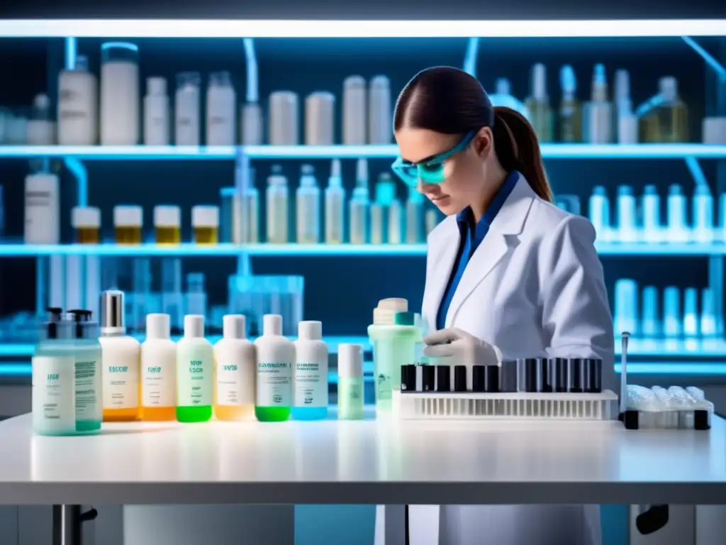 En un laboratorio científico, se ve un banco blanco con tubos de ensayo llenos de productos para el cuidado del cabello, incluyendo un champú con Ketoconazol