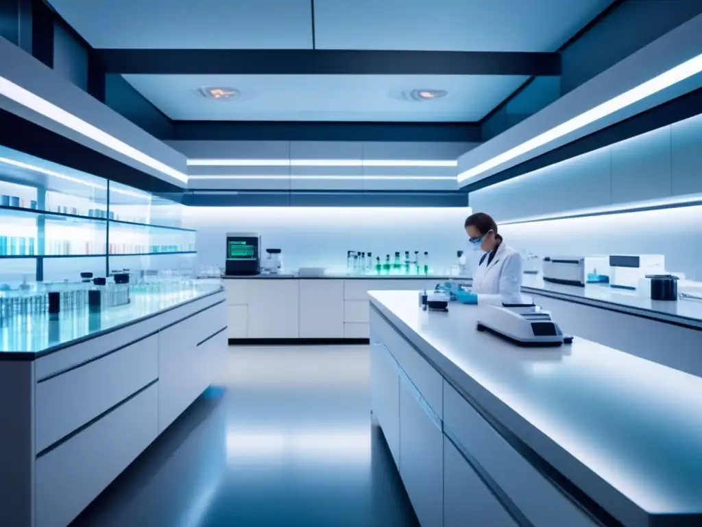 Un laboratorio farmacéutico moderno y sofisticado con equipamiento futurista y científicos realizando investigación