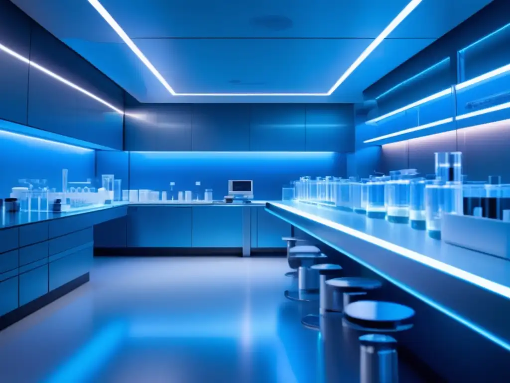 En un laboratorio futurista, vemos el tratamiento combinado de Minoxidil y Finasteride en un proceso farmacéutico avanzado