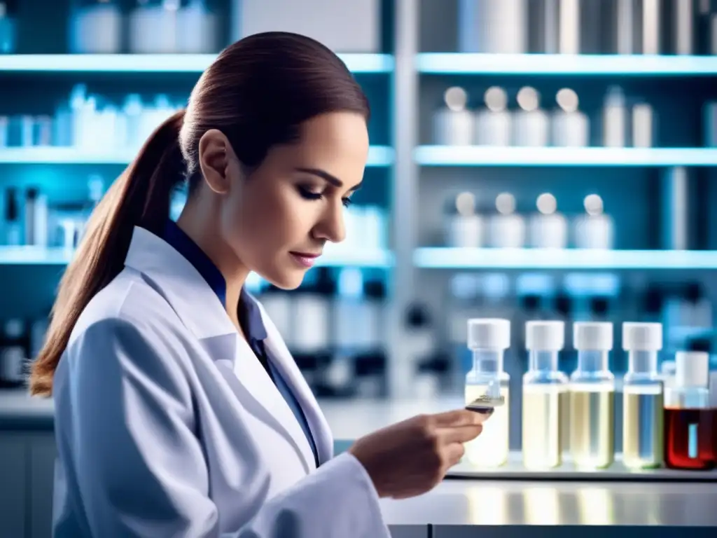 Un laboratorio moderno y pulcro con estantes llenos de productos farmacéuticos y tratamientos para la pérdida del cabello