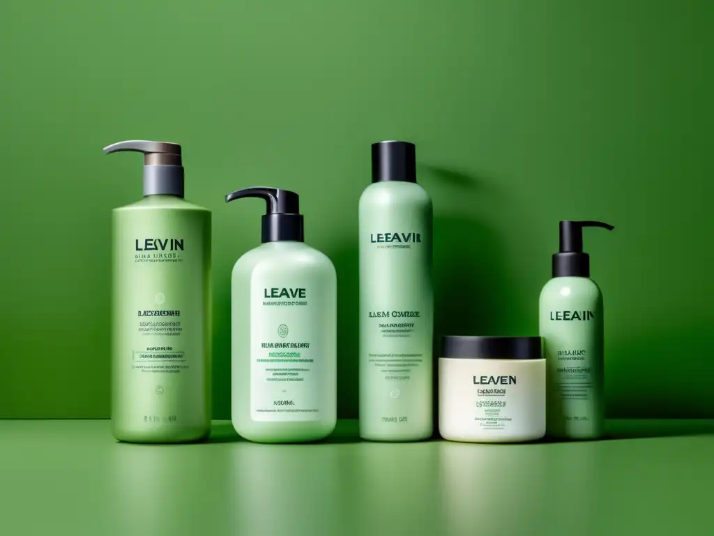 Una línea de acondicionadores LeaveIn para cabello, elegante y nutritiva, con packaging minimalista en un estudio luminoso.