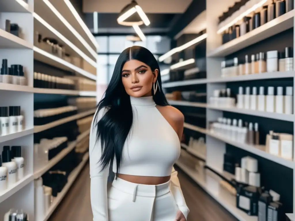 Kylie Jenner muestra su línea de productos capilares en un moderno salón de belleza, rodeada de estilistas y clientes diversos