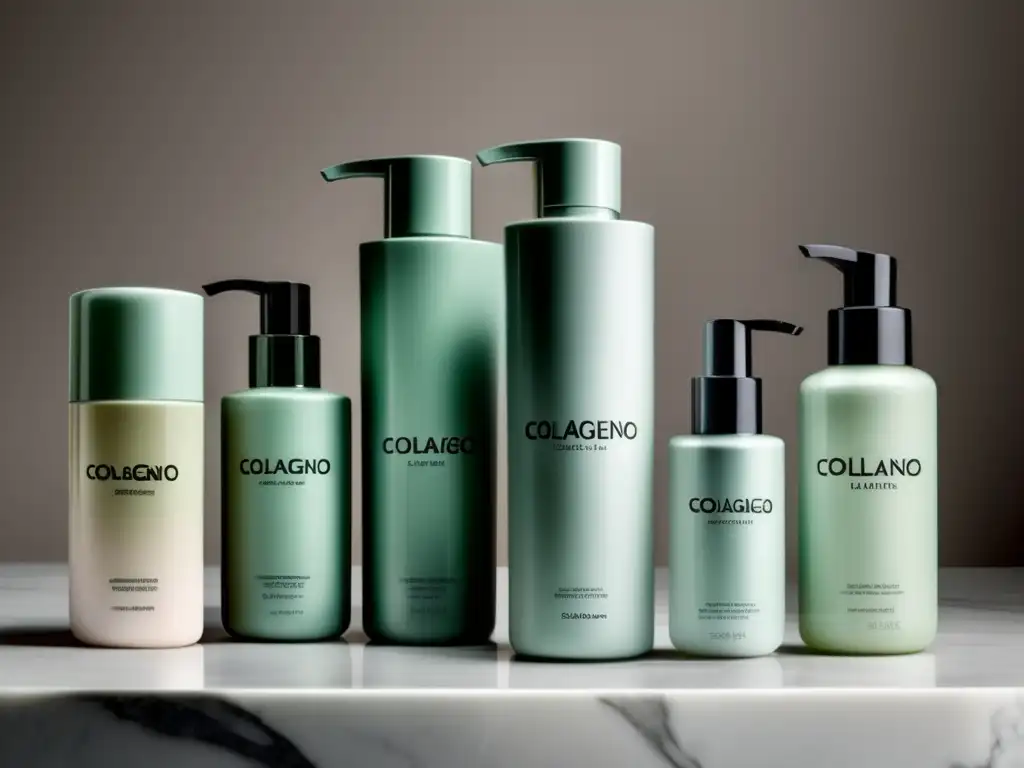 Una línea de productos para el cuidado del cabello de diseño moderno y lujoso, con la palabra 'Colágeno' en elegante tipografía