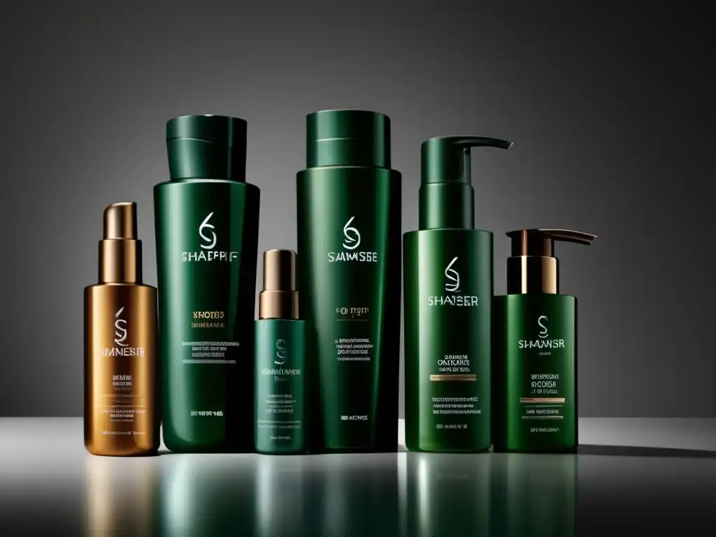 Una línea de productos estilismo cabello cuero cabelludo en elegante empaque minimalista sobre superficie reflectante, bañados en suave luz difusa.