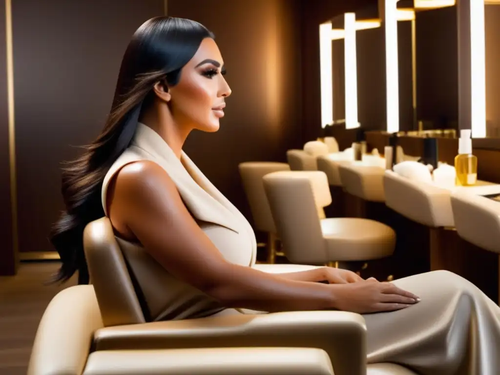 Kim Kardashian disfruta de un lujoso tratamiento capilar integral en un salón glamuroso, con expertos estilistas.