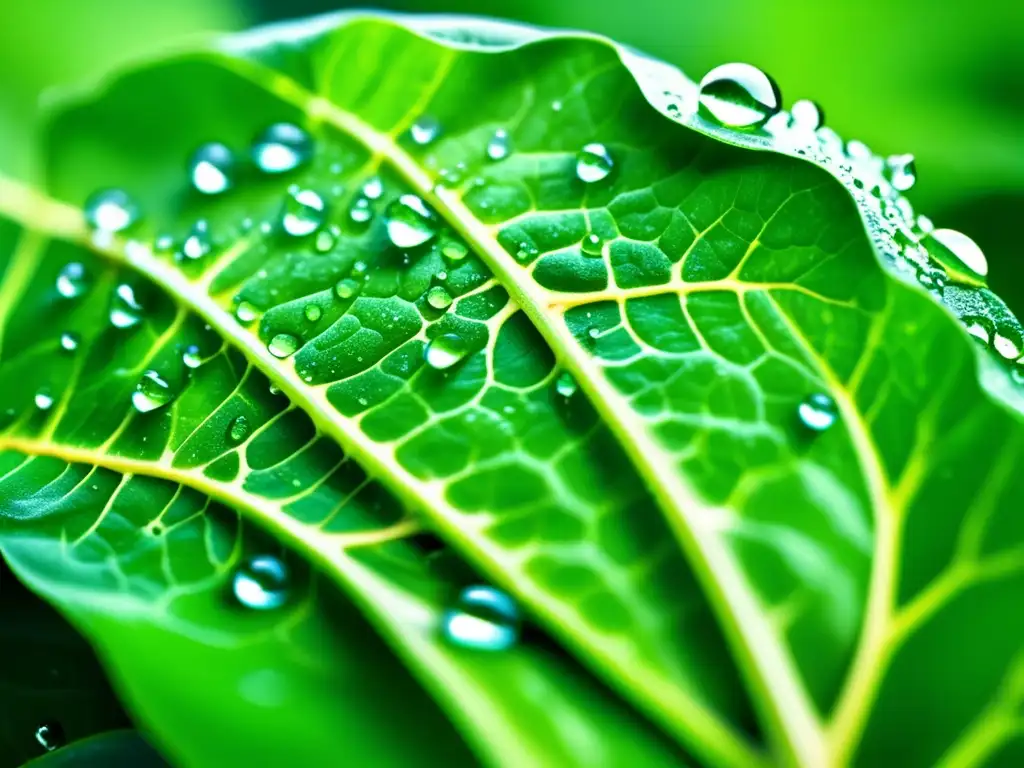 Macrofoto de hoja verde con gotas de agua, resaltando detalles y textura