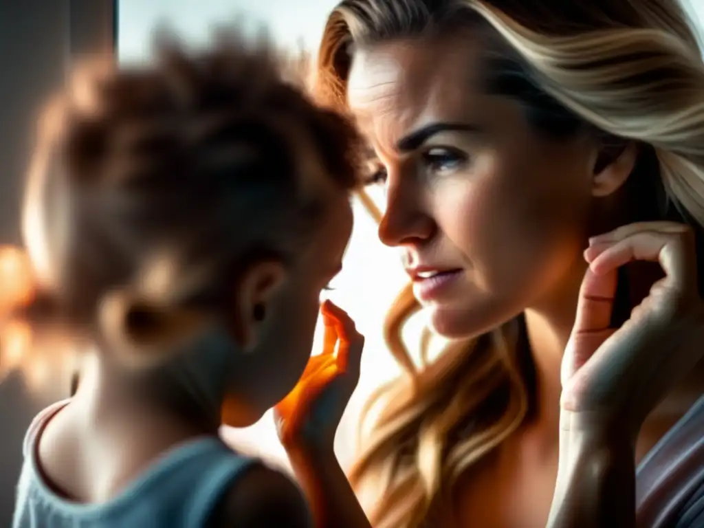 Una madre joven se mira en el espejo, acariciando su cabello con preocupación