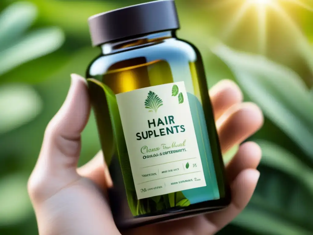 Una mano sostiene una botella de vidrio con suplementos orgánicos para cabello, rodeada de naturaleza y luz, transmitiendo vitalidad y pureza.