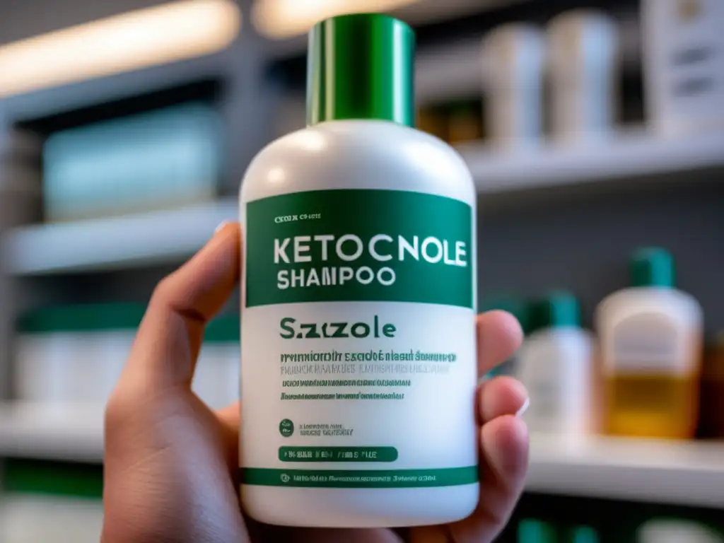 Mano sostiene elegante botella de champú con ketoconazol anticaída, enfoque en el producto, atmósfera de confianza y calidad