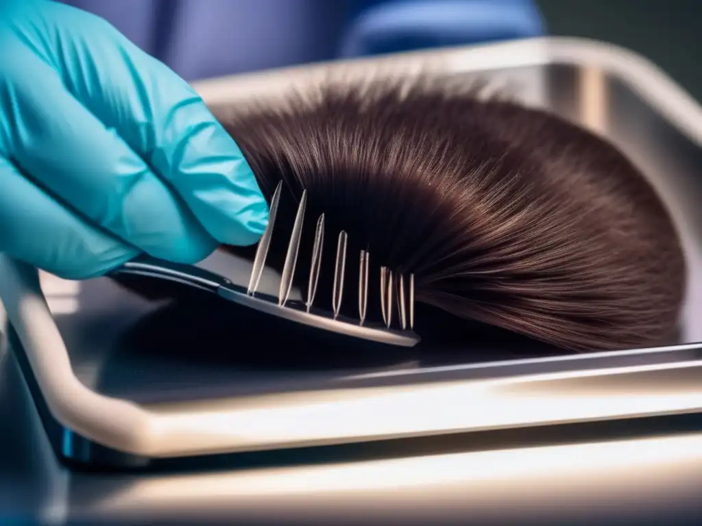 Implante de folículos capilares: precisión y cuidado Mano en guante quirúrgico inspecciona folículos capilares