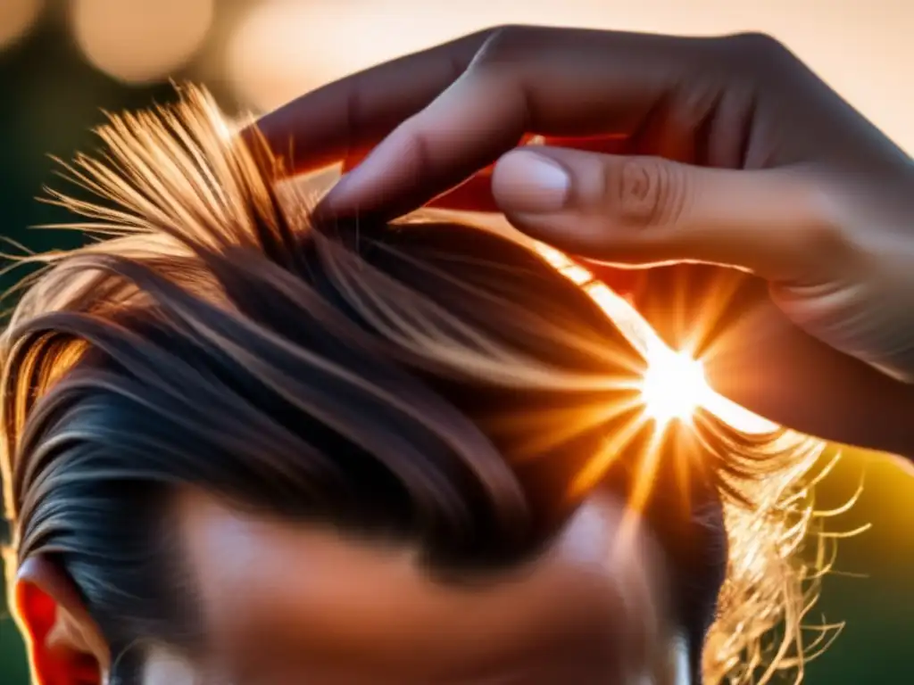 Mano acariciando nuevo cabello trasplante, brilla al sol, simboliza impacto emocional trasplante cabello