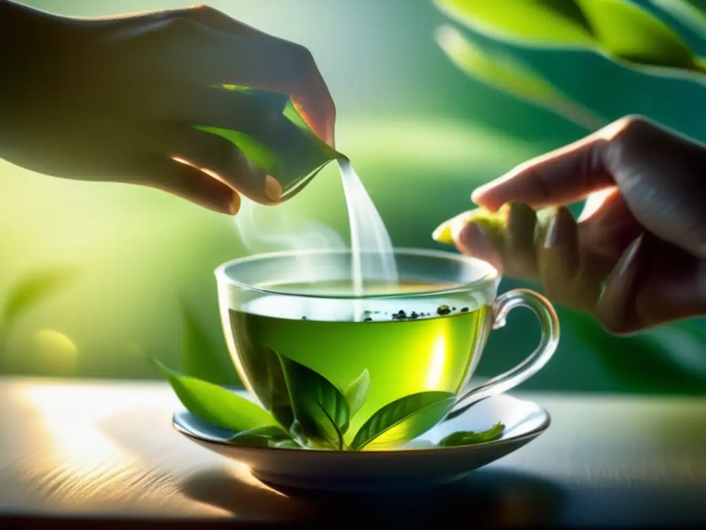 Mano sosteniendo taza de té verde humeante, con luz solar filtrándose a través de las hojas