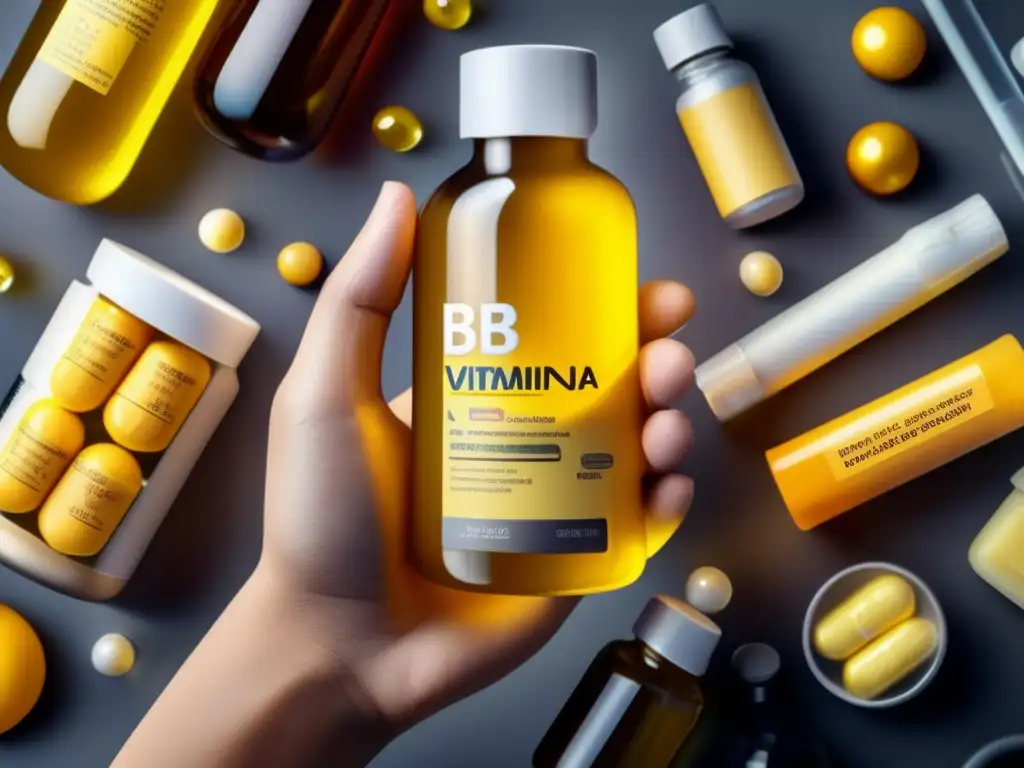 Una mano sostiene un tubo de ensayo con líquido amarillo brillante, rodeado de suplementos de vitamina B y productos para el cuidado del cabello