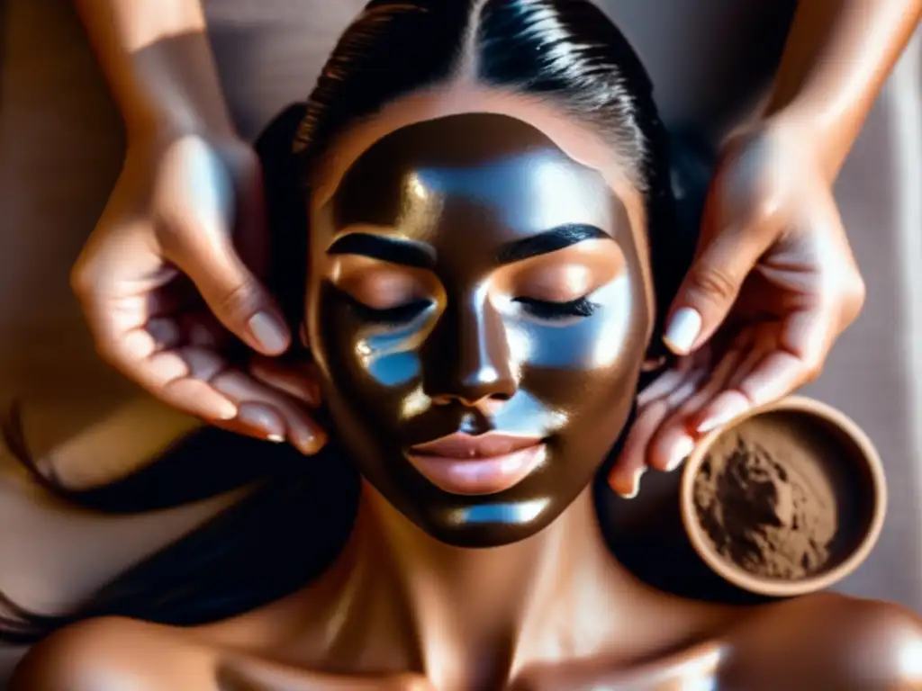 Manos femeninas aplicando mascarilla de barro en el cabello, con textura natural y ambiente de spa