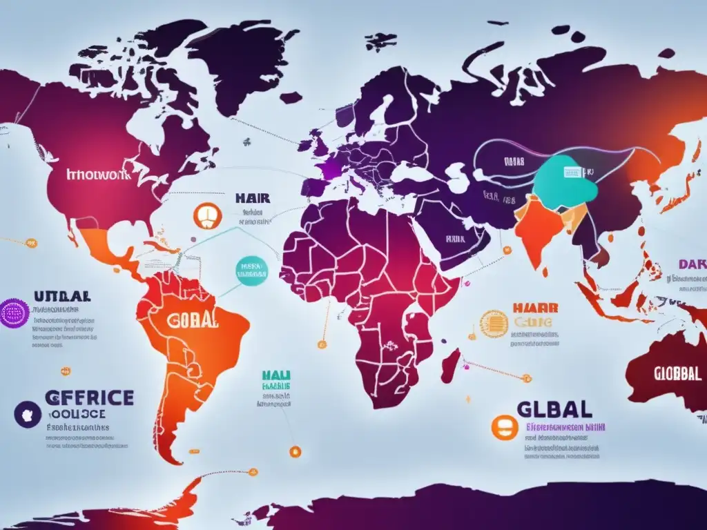 Mapa global detallado con iconos de folículos capilares, representando preferencias de salud capilar global local en una red vibrante e interconectada