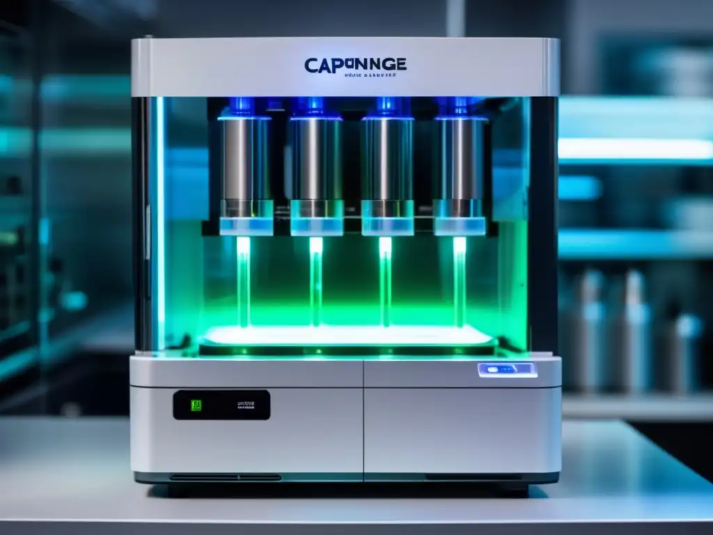 Una máquina de análisis capilar de vanguardia, con diseño futurista y tecnología avanzada, iluminada por luces fluorescentes en un laboratorio blanco impecable