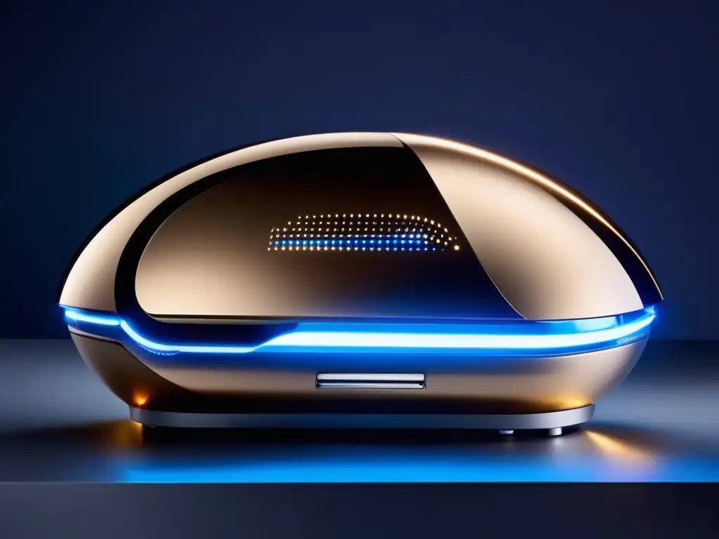 Una máquina futurista para tratamiento capilar con diseño moderno y tecnología innovadora, emitiendo una luz suave y futurista