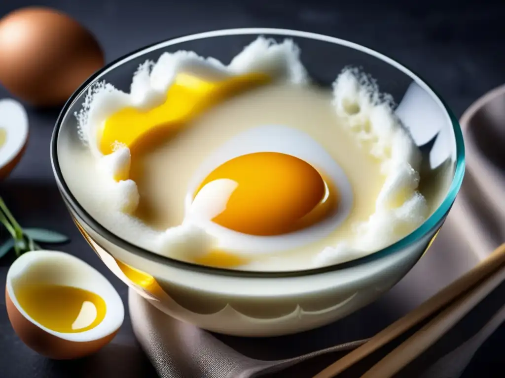 Una mascarilla con huevo para cabello en un tazón de vidrio, de textura cremosa y lujosa