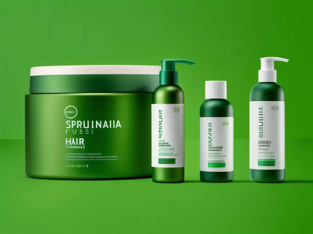 Mascarillas de espirulina para cabello: Imagen de alta resolución de productos profesionales para el cuidado del cabello con diseño moderno y detalles verdes vibrantes