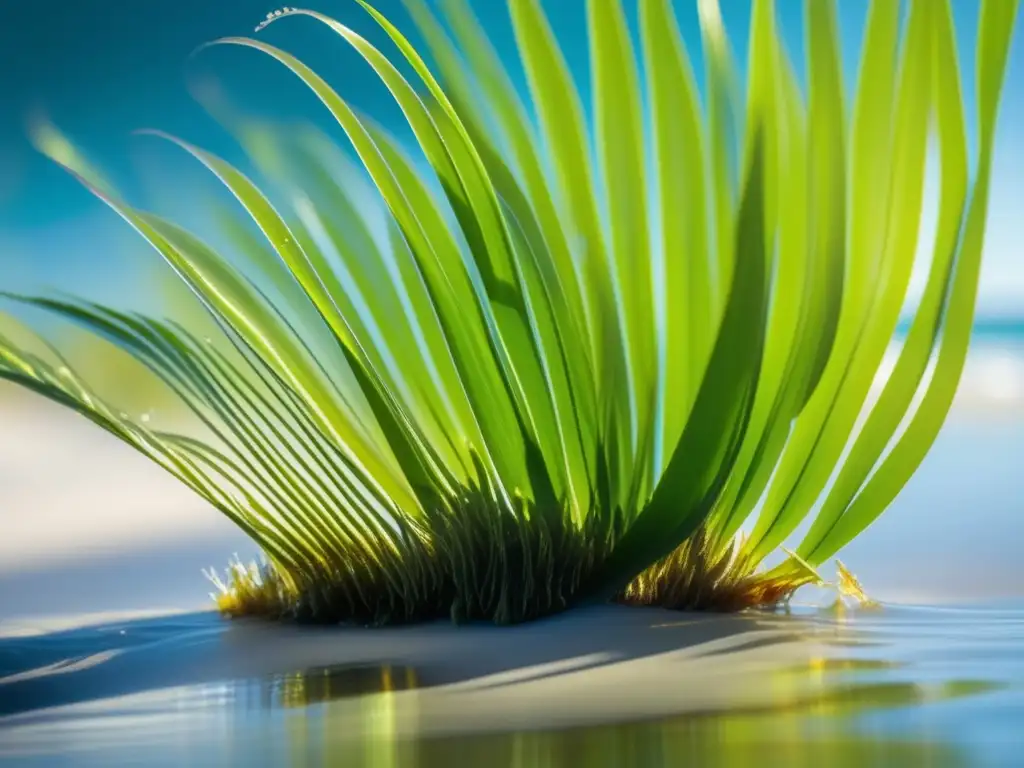 Mascarillas de recuperación capilar con algas marinas: Detalle de algas verdes vibrantes meciéndose suavemente en el agua cristalina del océano, con la luz del sol creando patrones hipnóticos de luz y sombra