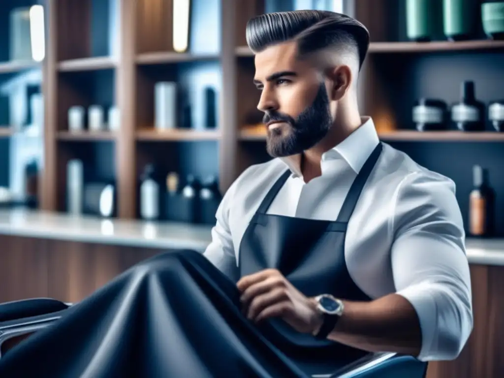 Influencer masculino en barbería moderna, mostrando el cuidado capilar con confianza y profesionalismo.